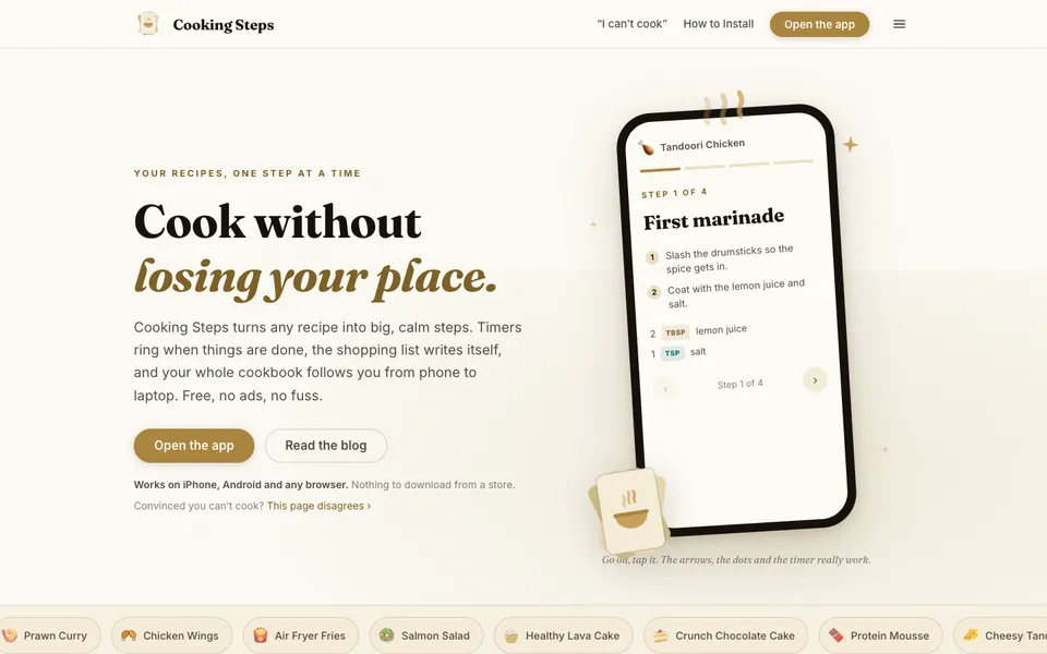 Cooking Steps website on a laptop