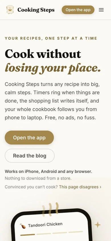 Cooking Steps running as an app on a phone