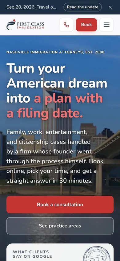 First Class Immigration website on a phone
