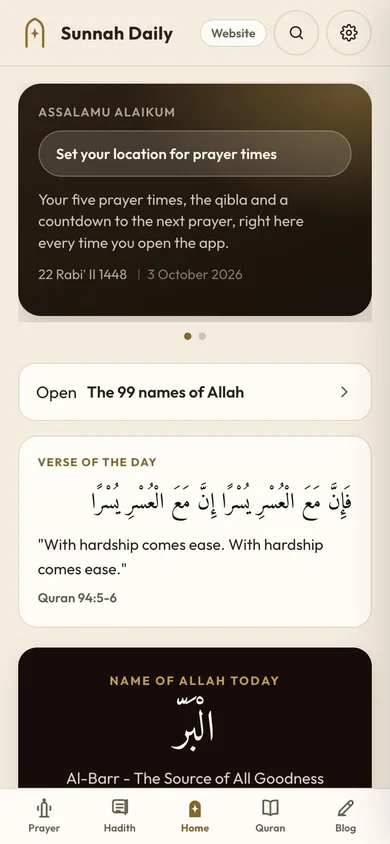 Sunnah Daily running as an app on a phone